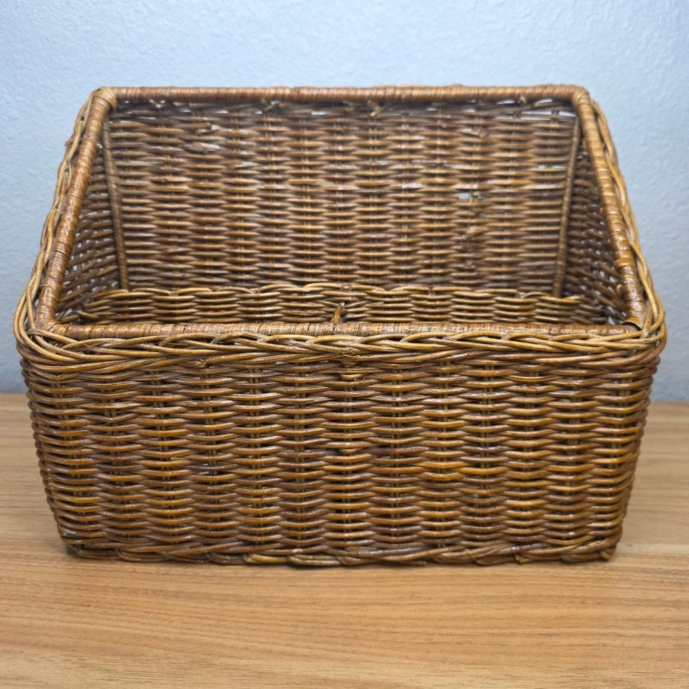 Vintage Wicker Rattan Desk Top Organizer File Letter Holder Storage Basket